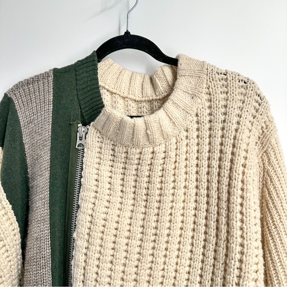 NEW Sacai 100% Wool Stripe Cable knit Oversized Zipper Sweater Cream Green - Picture 2 of 6